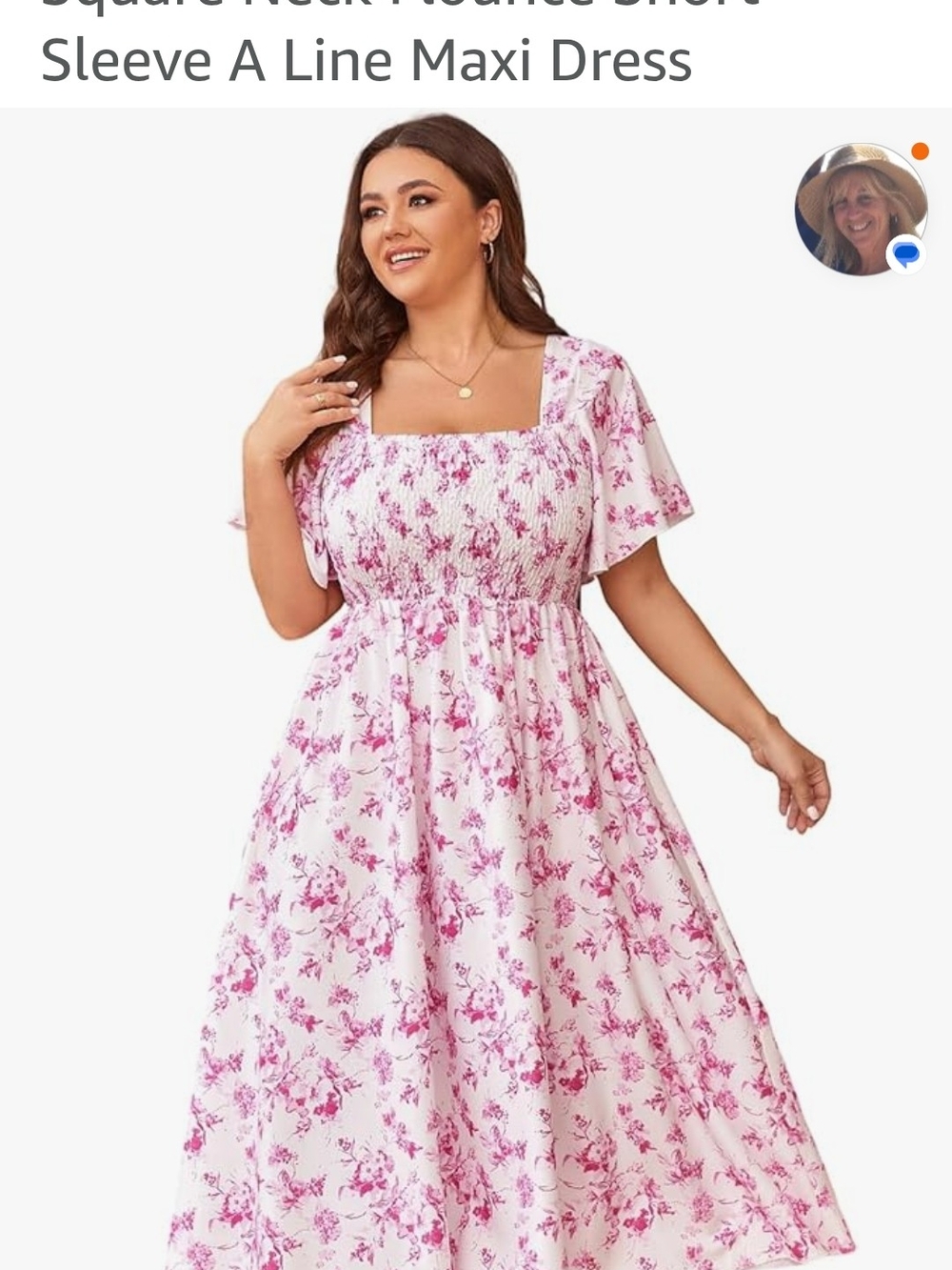 Plus Floral Square-Neck Pink Maxi Dress with Smocked Bodice
